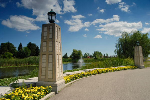looking along the walkway between the pond and gazebo in Richmond Green