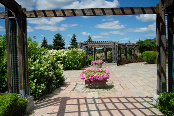 a view of pergolas and planters